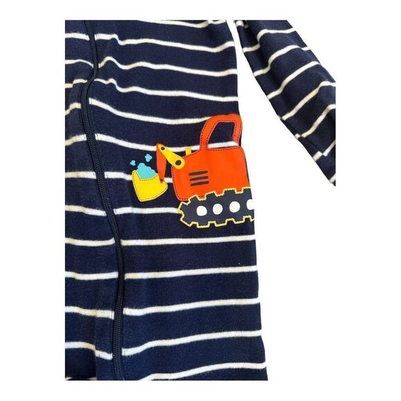 Little Me Pajamas - Boys Construction One Piece Full Zip PJ Striped Navy Blue - Picture 2 of 5
